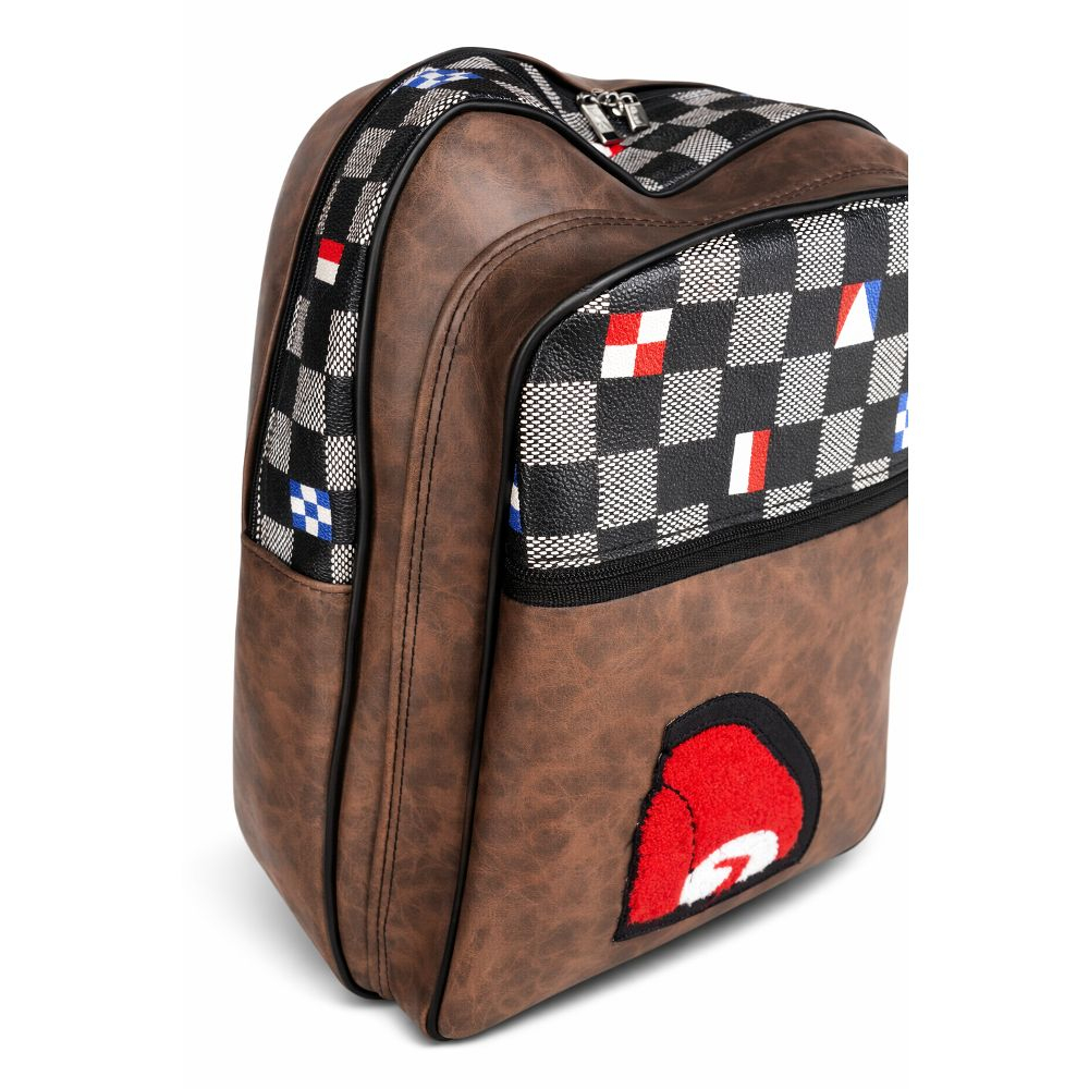 Stylish Checkered Backpack with Brown Leather Finish